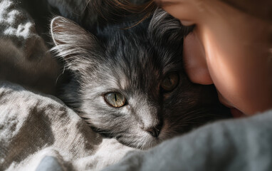 Serene moment unfolds as cat enjoys peaceful meditation with child, creating bond filled with warmth and affection. soft textures of blanket enhance this intimate scene