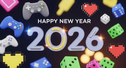 Celebrate 2026 with a vibrant explosion of gaming controllers, pixel hearts, and dice, heralding a fun, exciting new year ahead!
