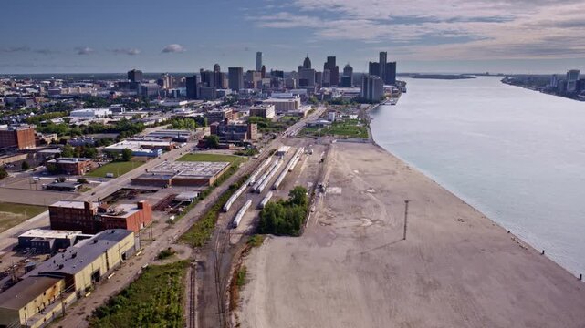 Smooth drone shot flying around the cross-border bridge joining the U.S. and Canada.