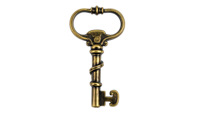 Ornate brass key, twisted stem on dark background