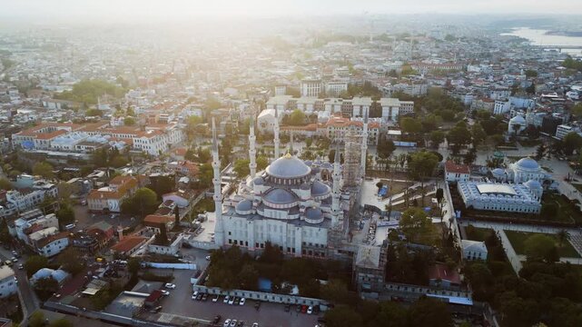 Aerial view orbiting the Sultan Ahmed Mosque, golden hour in Istanbul, Turkey