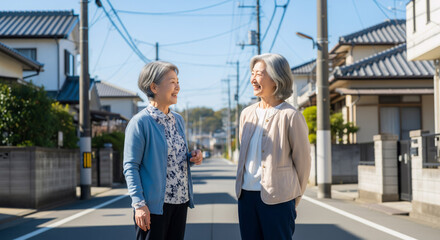 Senior Japanese Women Chatting on a Sunny Street
