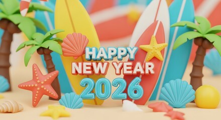 Celebrate a vibrant 2026 New Year with a fun beach party featuring surfboards, palm trees, and cheerful beach decor