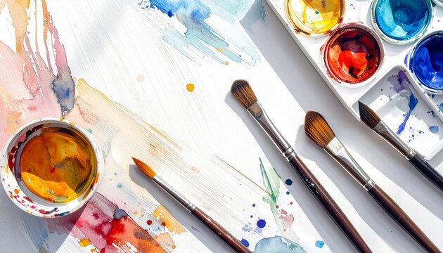 A collection of watercolor painting supplies, including brushes and a paint palette with vibrant colors, are arranged on a white surface with colorful paint spl