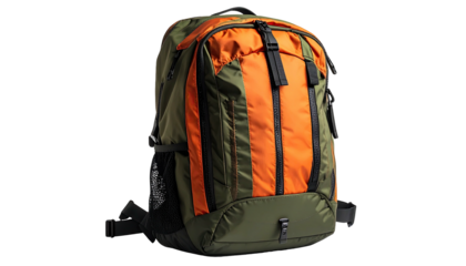 Olive and orange backpack with black trim on a black background