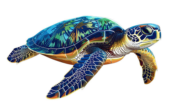 Detailed green sea turtle swimming, viewed from slightly above