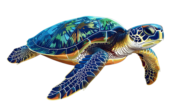 Detailed green sea turtle swimming, viewed from slightly above