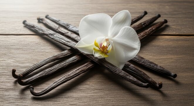 Aromatic harmony: vanilla pods and pristine white orchid on rustic wood surface