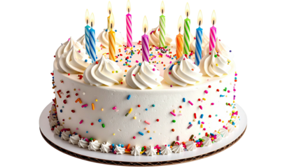 Round birthday cake, white frosting, and burning colorful candles