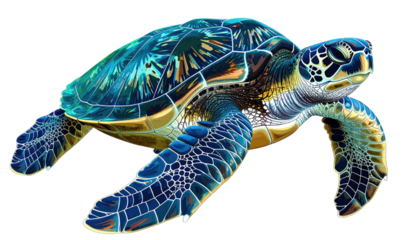 Sea turtle with iridescent shell swimming in deep water