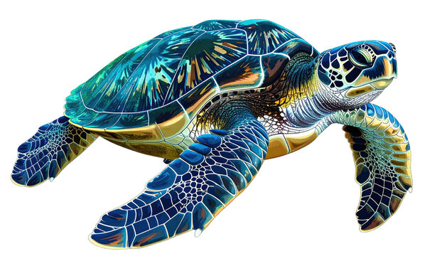 Sea turtle with iridescent shell swimming in deep water