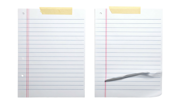 Lined paper sheets taped up, one with shadow