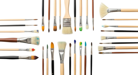 Collection of artistic paintbrushes in various sizes, arranged on a white backdrop