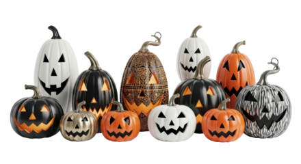 Assortment of illuminated Halloween pumpkins with various creative designs
