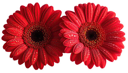 Two vibrant red gerbera daisies, one slightly faded in light