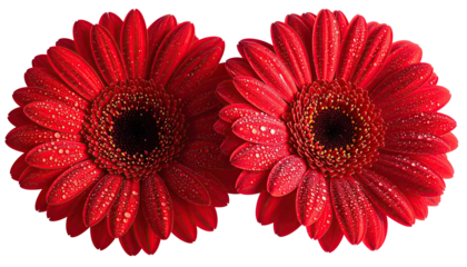 Two vibrant red gerbera daisies, one slightly faded in light
