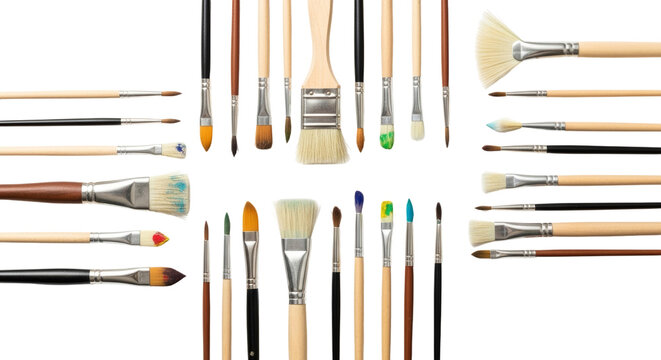 Collection of artistic paintbrushes in various sizes, arranged on a white backdrop