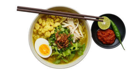 Overhead shot of Soto Lamongan, an Indonesian soup with vibrant toppings