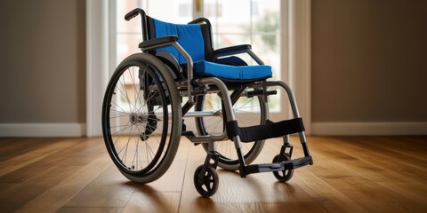 Wheelchair in modern house on hardwood floors