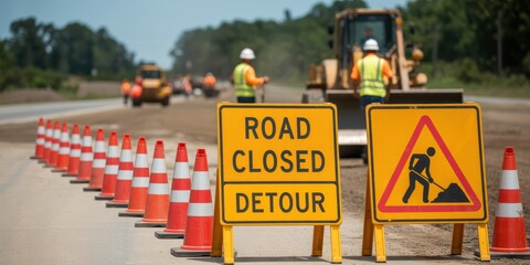 Road Construction Signs and Safety Cones on Roadway