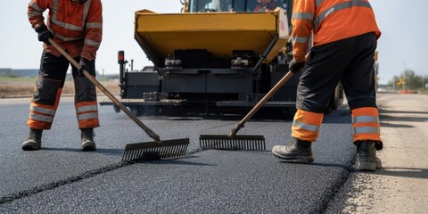 Road Construction Workers Raking Asphalt
