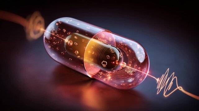 A futuristic capsule design featuring vibrant colors, intricate patterns, and dynamic light effects, symbolizing innovation and advanced technology in pharmaceutical science and digital art.