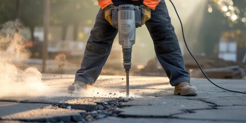 Man operating jackhammer breaking asphalt