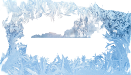 Frosty window pane with intricate ice crystal patterns