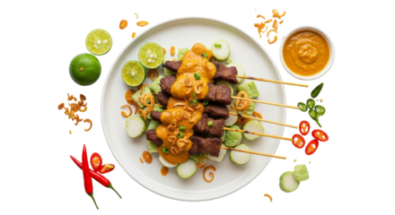 Overhead view of delicious sate padang with vibrant accompaniments on clean white plate
