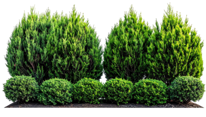 Shaped evergreen shrubs and bushes, isolated on black backdrop