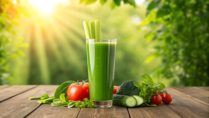 Refreshing green vegetable juice in a tall glass surrounded by fresh produce on a wooden table outdoors