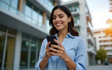 European business woman manager using cell phone mobile app standing outdoors at office. Latin Hispanic young female businesswoman freelancer working on smartphone looking aside dreaming.