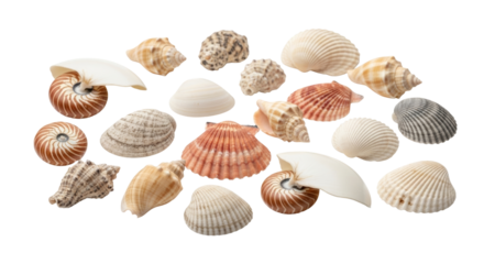 Diverse collection of seashells showcasing textures, shapes, and patterns from ocean life