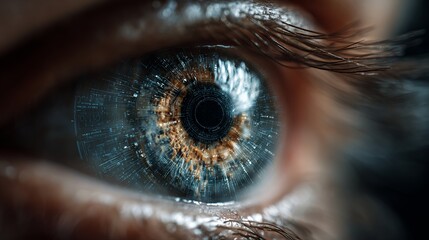 Futuristic human eye with digital circuit patterns in iris, representing advanced technology and artificial intelligence vision.
