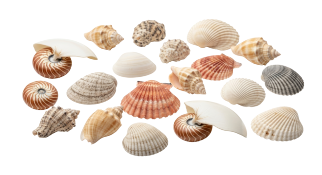 Diverse collection of seashells showcasing textures, shapes, and patterns from ocean life