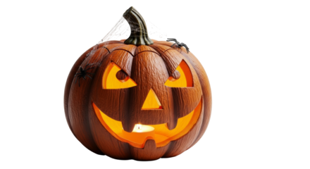 Festive Halloween pumpkin carving with light, spider, and decorative web