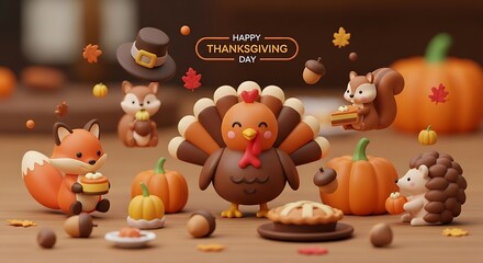 Adorable cartoon animals celebrate Thanksgiving with pumpkins, pie, and festive autumn decor creating a joyful holiday scene