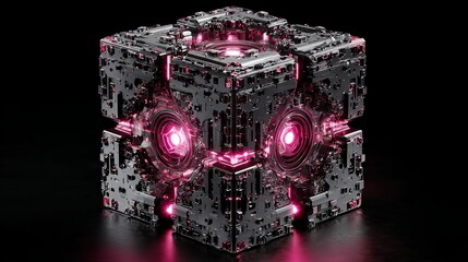 Fototapeta premium Intricate futuristic metallic cube with glowing pink energy core, advanced technology concept, dark background.
