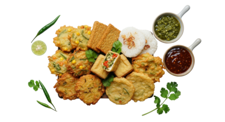 Overhead display of assorted Indonesian fried foods and condiments on white background