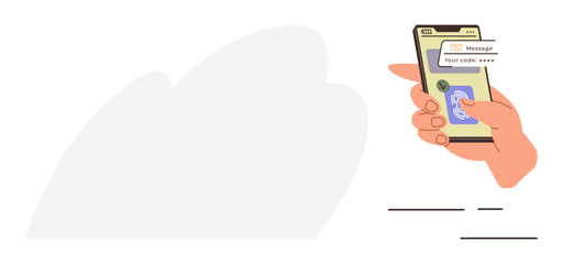 Hand holding smartphone displaying secure code in app. Ideal for security, technology, user authentication, digital privacy, online safety, verification process, simple flat metaphor