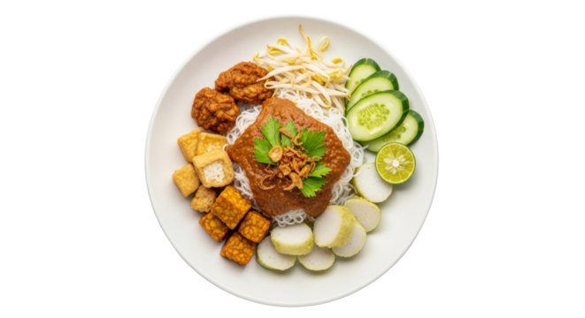 Authentic ketoprak indonesian cuisine overhead shot on white plate, culinary delight
