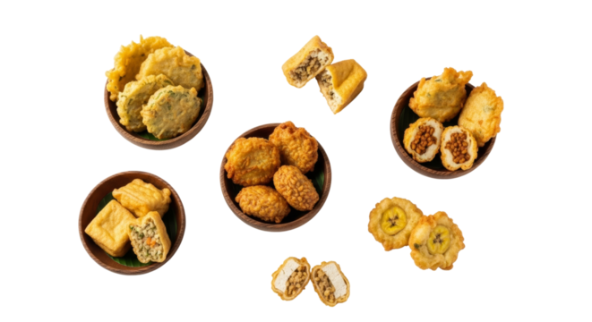 Overhead display of assorted indonesian fried snacks, an enticing street food selection in wooden bowls on a light background