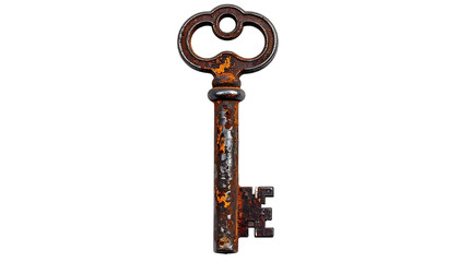 Ornate, antique metal key showing heavy corrosion