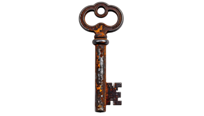 Ornate, antique metal key showing heavy corrosion
