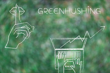 greenhushing illustration with shush hand gesture, laptop and upward arrow