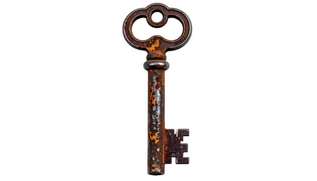 Ornate, antique metal key showing heavy corrosion