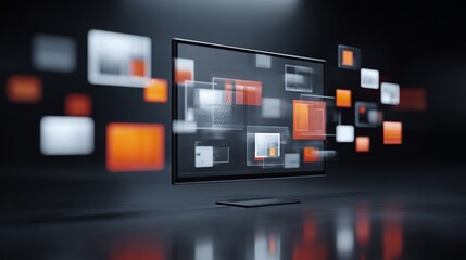 Dynamic digital interface with floating data blocks and holographic displays projecting information