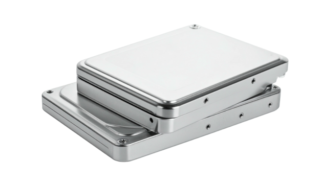 Stacked, shiny silver hard drives isolated against a black backdrop