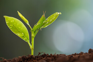 Small green grasshopper on a young tree with a blurred bokeh background. Close-up photo