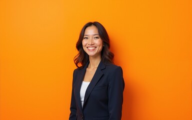 Smiling Business Woman with Tailored Suite standing on orange plain background with Generative AI. High quality